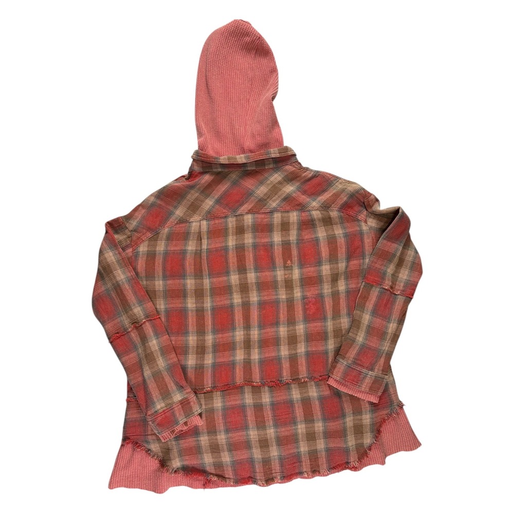 Oli & Hali Plaid Hooded Shacket M Waffle Knit Grunge Boho Shabby Mixed Media - Picture 10 of 10